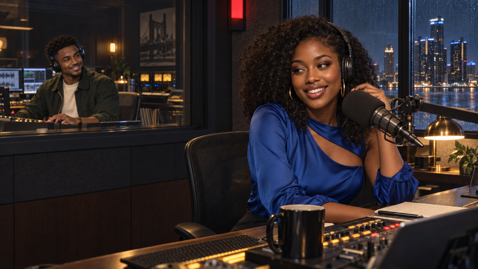A beautiful young fictional Black woman in a cobalt blouse hosts live while a handsome young Black engineer works the mixing console behind studio glass.